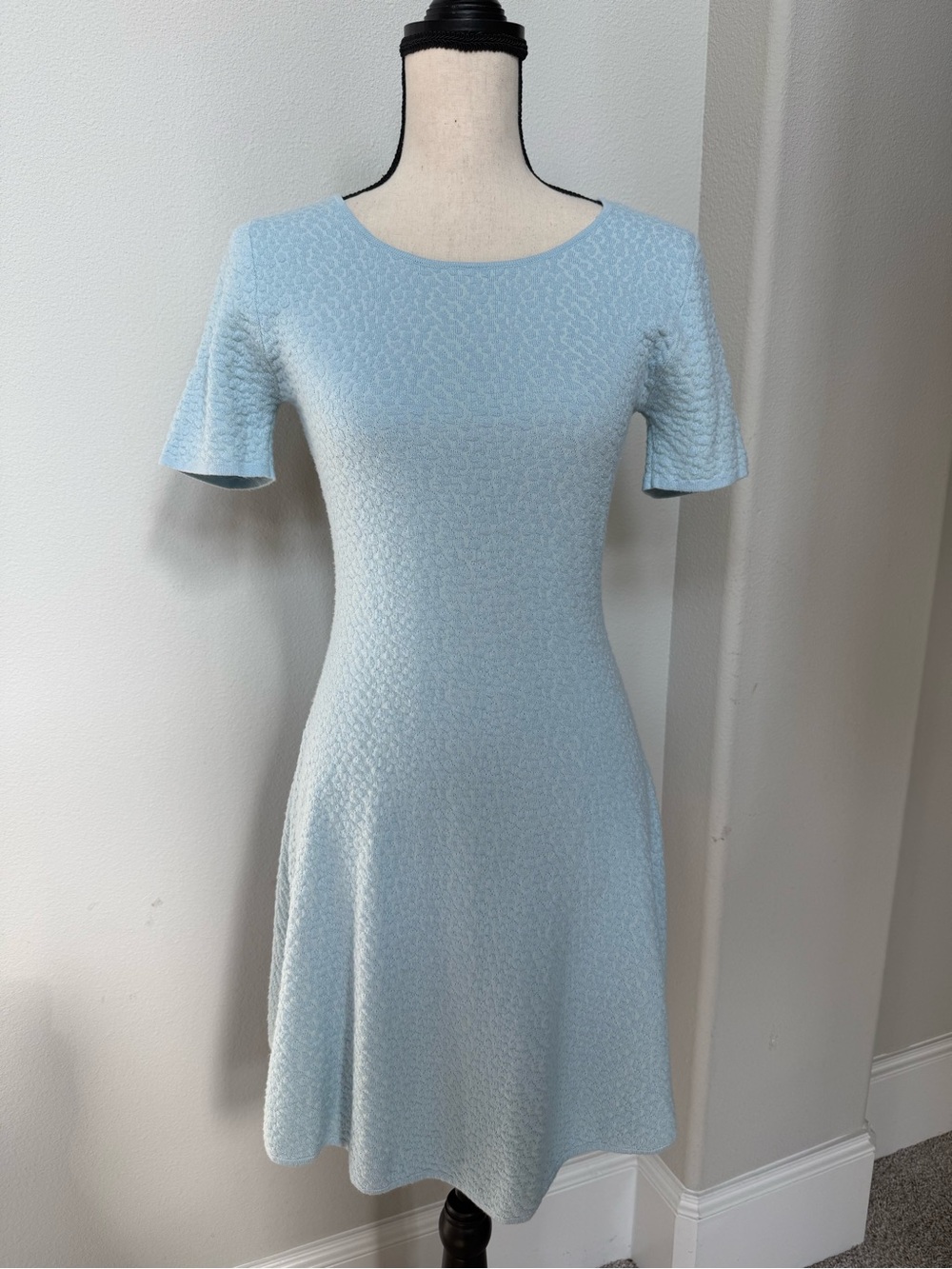Lucy Paris Light Blue Textured Short-Sleeve A-Line Sweater Dress